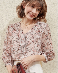 碎花荷叶边雪纺衬衫