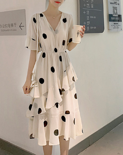 韩版V领短袖大波点雪纺裙(图1) 韩版V领短袖大波点雪纺裙(图1)