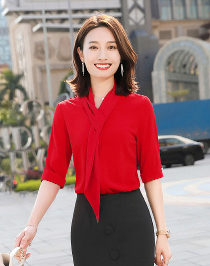 短袖夏季新品时尚飘带衬衣商务休闲百搭纯色半袖女衬衫(图1) 短袖夏季新品时尚飘带衬衣商务休闲百搭纯色半袖女衬衫(图1)