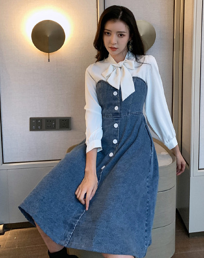 时尚百搭春秋女装裙子牛仔拼接高腰A字裙长袖连衣裙(图1) 时尚百搭春秋女装裙子牛仔拼接高腰A字裙长袖连衣裙(图1)